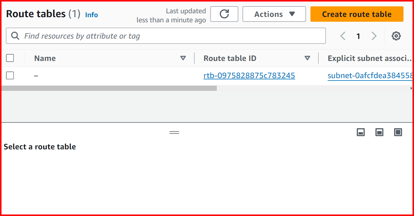 Picture showing the main route table in AWS console